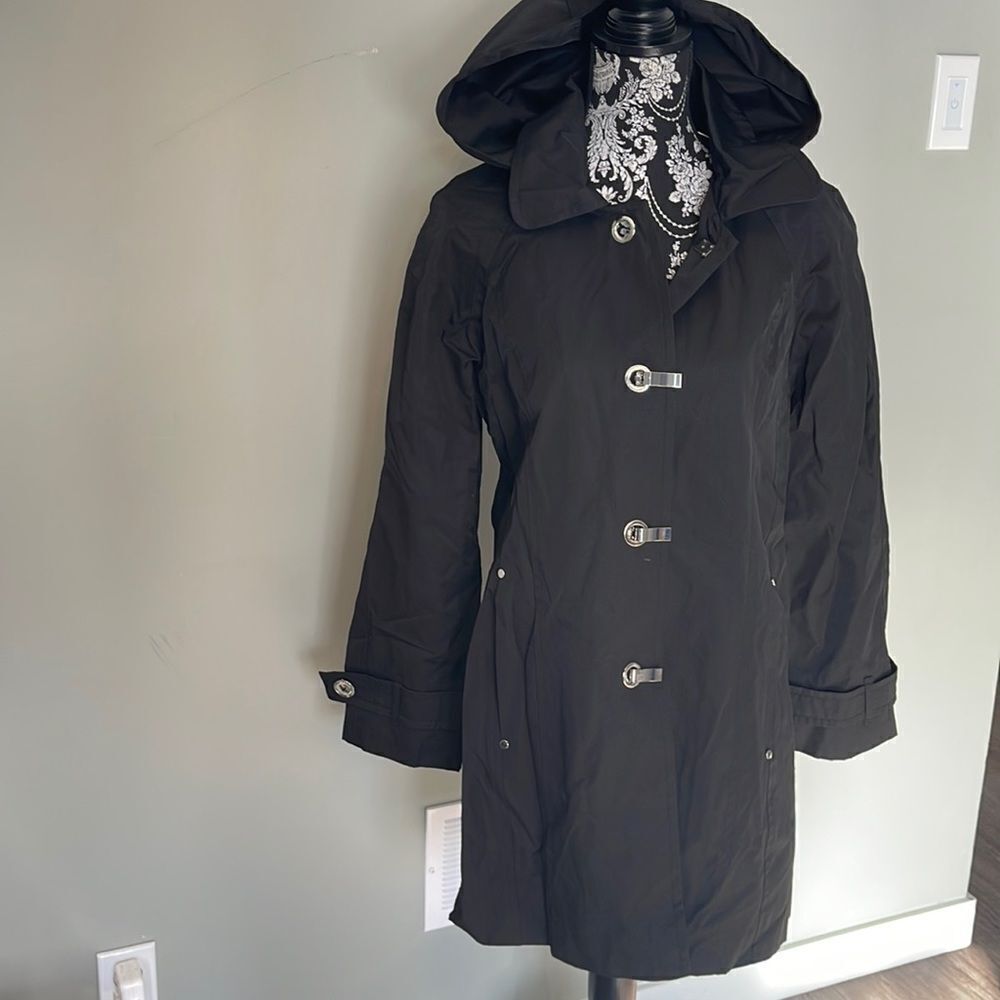 London Fog Hooded Double-Lapel Trench Coat Black Medium